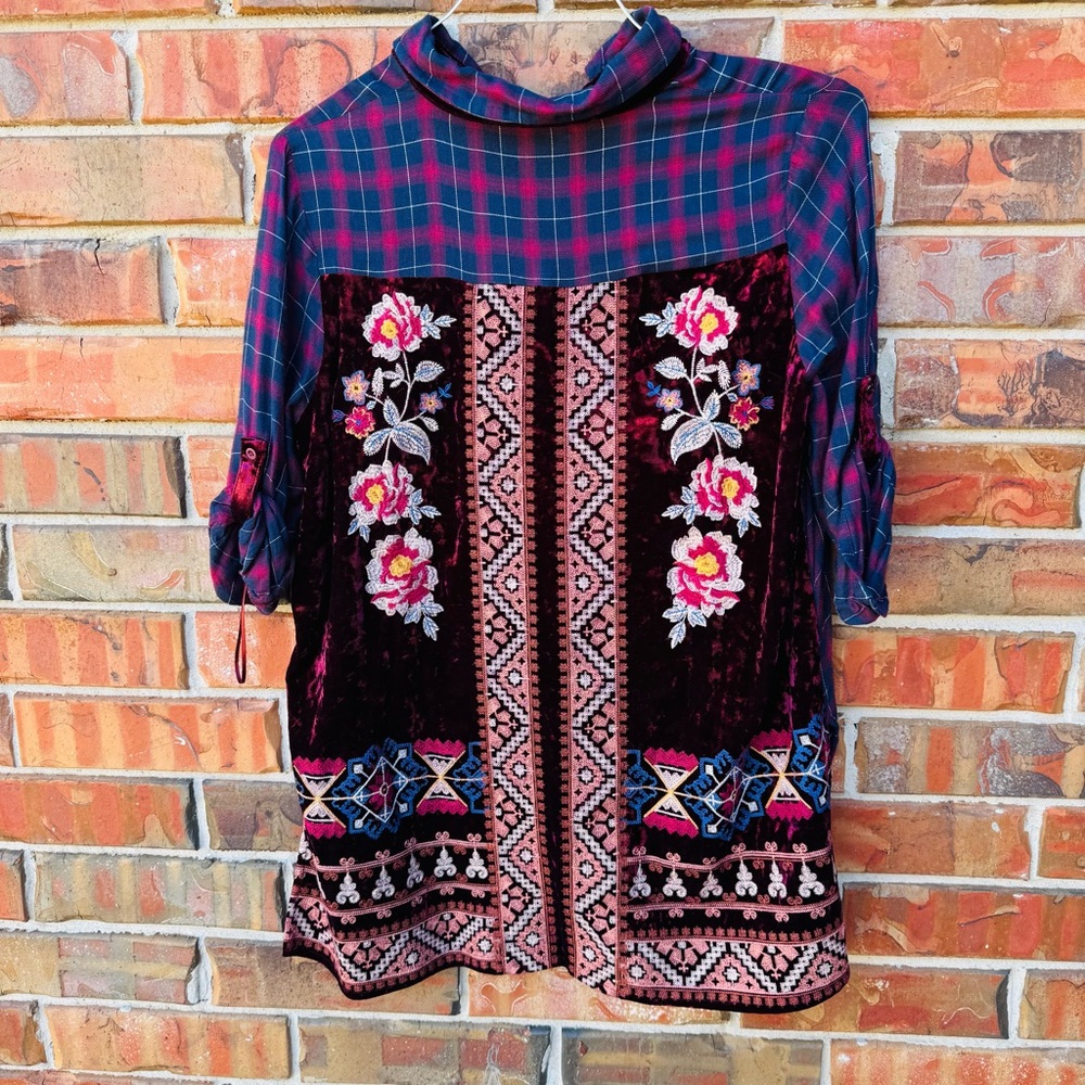 Andree Plaid/Floral Embroidered Burgundy Velvet Tunic Shirt